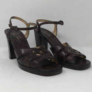 VTG Joan Helpern Signature Leather Sandals Brown Block Heel Ankle Straps SZ 8